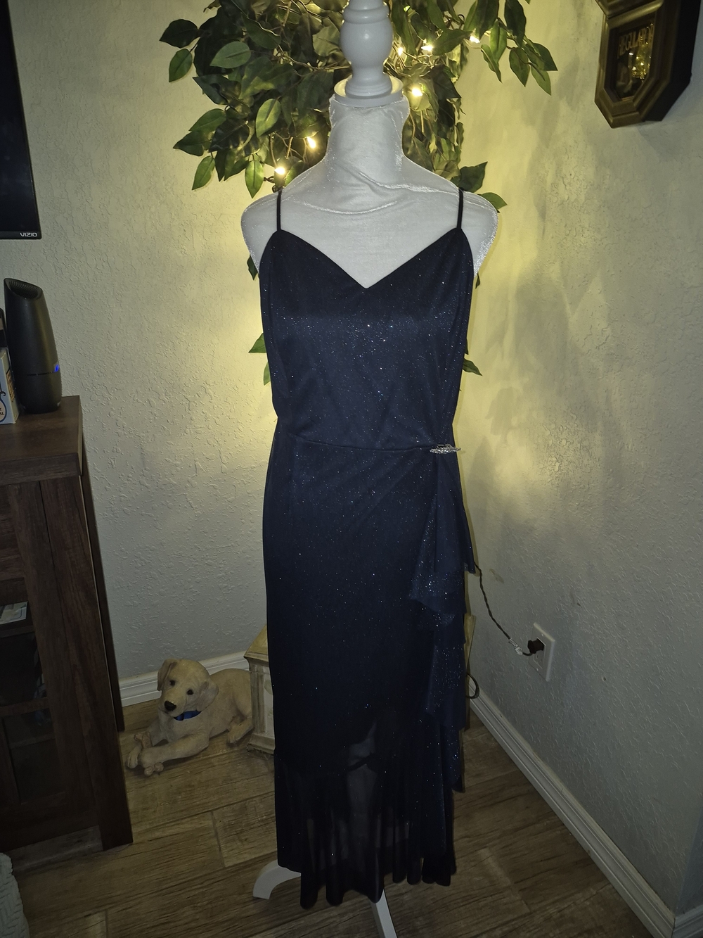 Strapless Navy Sparkle Evening Dress with Side Drape